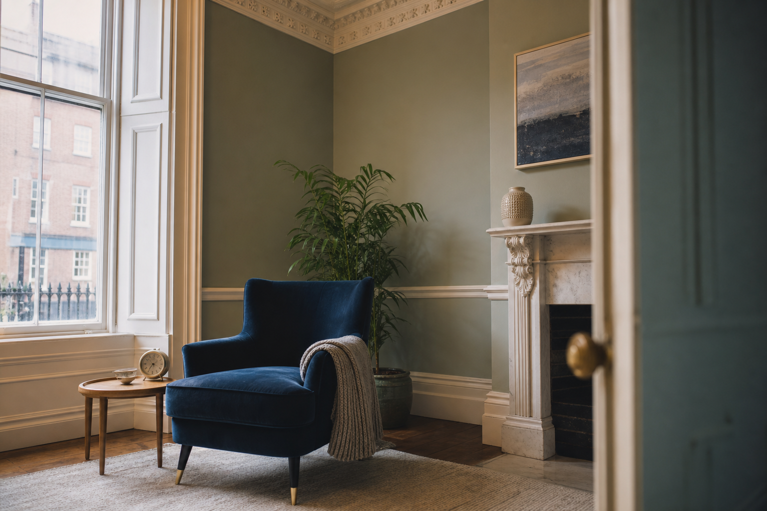 A calm corner of Jessica Hughes' Dublin therapy room — a navy armchair by a tall window