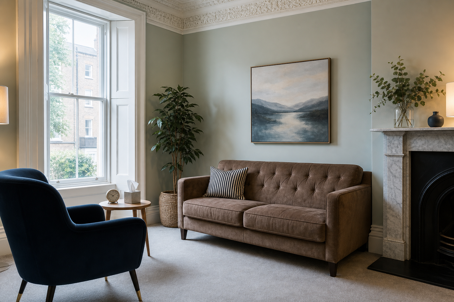 Jessica Hughes' calm, light-filled therapy room in Dublin — a brown tufted sofa and navy armchair by a tall sash window